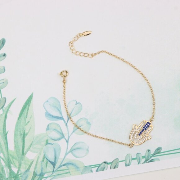 "Elegant Hamsa Hand Charm Rose Gold Bracelet with Blue Accents, XPBL0852 - Picture 6 of 12